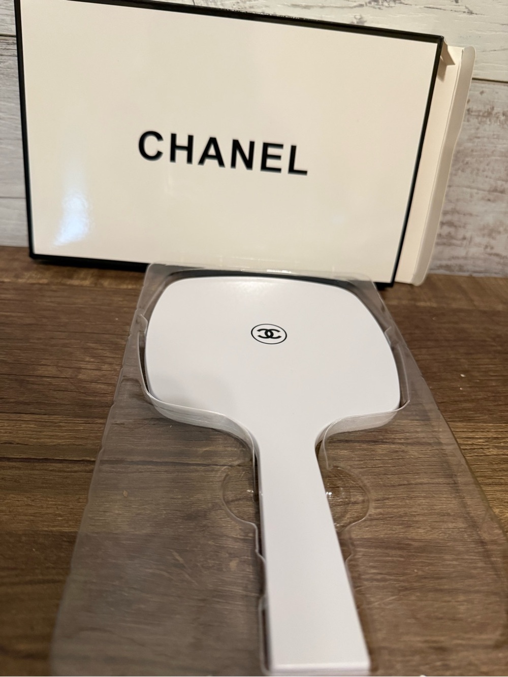 Chanel Authentic white Handheld  Mirror with CC Logo and box